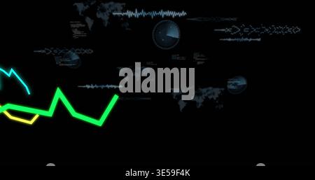 Displaying neon zigzag data lines glowing in lower-left on black HUD, with radar gauge, copy space Stock Photo