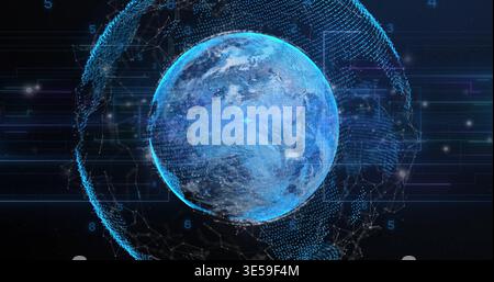 Rotating holographic Earth globe glowing in dark virtual space, showing mesh nodes and data streams Stock Photo