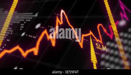 Displaying orange zigzag chart rising across trading screen showing yellow bars, pink line, labels Stock Photo