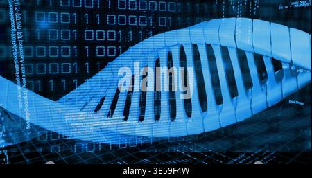 Glowing stylized 3D DNA double helix twisting through virtual lab space, with binary code Stock Photo