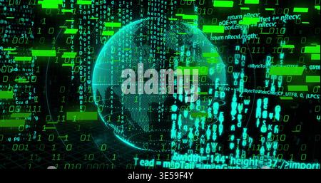 Rotating 3D point-cloud globe hovering in virtual data field, showing binary streams and green bars Stock Photo
