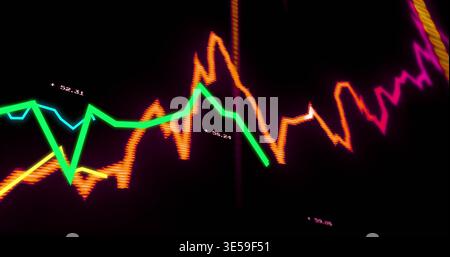 Showing neon line graphs pulsing across dark screen with numeric labels and bright vertical streak Stock Photo