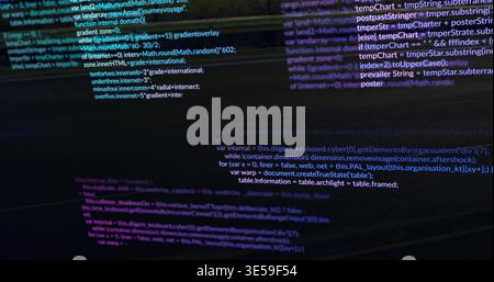 Displaying syntax-colored JavaScript code on widescreen monitor in dim studio, with neon scanlines Stock Photo