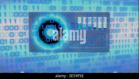 Pulsing camera lens centered on cybersecurity dashboard, showing cyan ring, binary and scan lines Stock Photo
