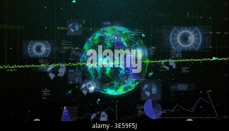 Rotating glowing faceted globe pulsing links in analytics UI, with HUD tiles and dotted line Stock Photo