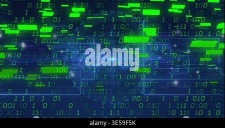 Pulsing central data hub with neon-green binary digits flowing in cyberspace, with motion blur Stock Photo