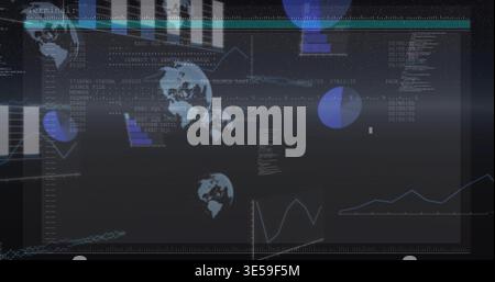 Displaying data dashboard showing panels and terminal readouts on widescreen, with globe icons Stock Photo