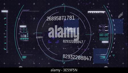 Displaying central reticle with rings, digits, purple box and translucent panels on HUD Stock Photo