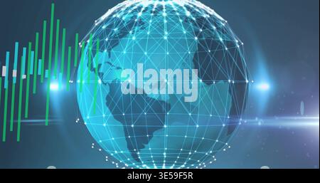 Rotating mesh globe showing Americas nodes on blue gradient with waveform bars and light dots Stock Photo