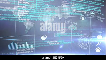 Displaying centered world map streaming code with bar and pie chart icons in virtual dashboard Stock Photo