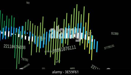 Displaying colored vertical bars pulsing on dark display with thin white baseline, floating digits Stock Photo