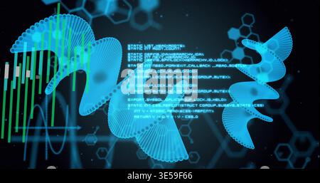 Rotating turquoise helical ribbon dominating digital interface, displaying code and green bar Stock Photo