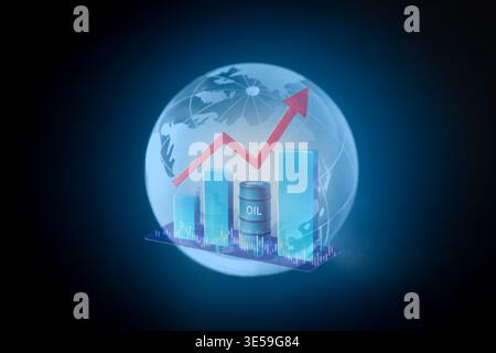 A rising red arrow on a bar chart featuring oil barrels against a glowing blue globe background. Energy crisis, fuel shortages, price surge, inflation Stock Photo