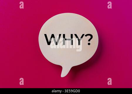 A speech bubble with the text WHY? on red background. Questioning, curiosity, and communication concepts Stock Photo