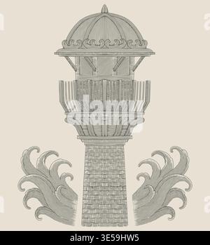 Lighthouse with abstract wave, Vintage engraving drawing style illustration Stock Vector