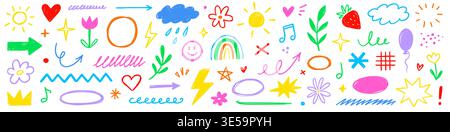 Crayon line icon pastel set. Crayon line icon hand drawn pencil pastel color brush chalk scribble texture. Cute kid children rainbow heart star sun cloud flower baby smile. Vector illustration Stock Vector