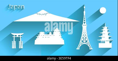 Japan icon or symbol with long shadow, Travel banner of japan and iconic modern building in silhouette style on blue background, Modern design by vect Stock Vector