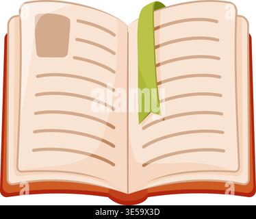Open book with green ribbon bookmark, blank lined pages, warm beige paper, red cover edge, soft shadow, cozy Stock Vector