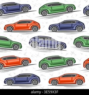 Vector Compact Car seamless pattern, automotive background with clipart of flat lay cheap hatchback cars for wrapping paper, square placard with runni Stock Vector