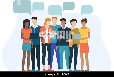 A diverse group of young professionals and students collaborating with laptops, tablets, and phones. Stock illustration. Stock Vector