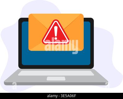 A vector illustration of a laptop showing a dangerous email notification with a red warning triangle alert symbol. Stock Illustration. Stock Vector