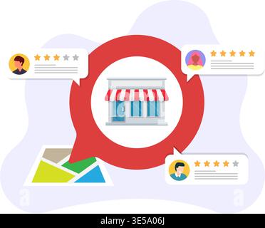 Conceptual flat vector showing a storefront with customer star ratings, feedback bubbles, and a digital map location. Stock illustration Stock Vector
