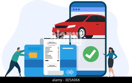 A flat vector concept of a red car purchase via smartphone with credit card payment and receipt stock illustration. Stock Vector