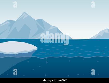 Vector art of a frozen polar landscape featuring snowy mountains and a large iceberg floating in deep blue arctic waters. Stock Vector
