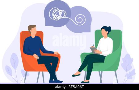 A patient talks to a psychologist who organizes messy thoughts into a clear spiral during a mental health consultation. Stock illustration. Stock Vector