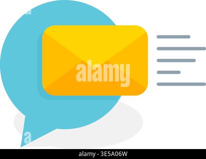 Yellow mail envelope flying over a blue chat bubble, representing fast digital communication and messaging services. stock illustration Stock Vector