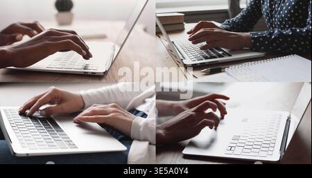 Hands of young businesspeople working at laptop Stock Photo