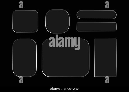 Glass liquid UI button set with transparent 3D effect, glossy rectangle frame elements in various sizes for modern interface on dark background Stock Vector