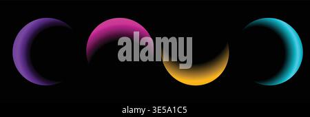 Abstract neon crescent shapes on black background. Colorful glowing gradient arcs. Futuristic glassmorphism circles. Modern minimal 3D light design fo Stock Vector
