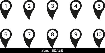 Black Numbered Location Pin Solid Icon Set. Sequential Map Marker Silhouette Symbol Collection. Navigation, Geolocation, And Wayfinding Design Stock Vector