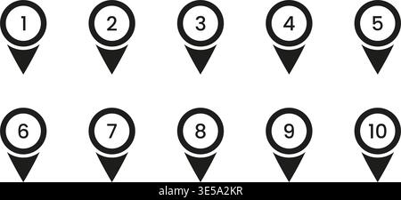 Black Numbered Location Pin Solid Icon Set. Sequential Map Marker Silhouette Symbol Collection. Navigation, Geolocation, And Wayfinding Design Stock Vector