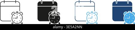 Calendar With Alarm Clock Icon Set. Time Management, Scheduling, And Event Planning Outline And Silhouette Symbol Collection. Efficient Organization Stock Vector