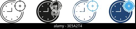 Clock With Target Icon Set. Time Management, Precision, And Goal Setting Outline And Silhouette Symbol Collection. Scheduling And Productivity Stock Vector