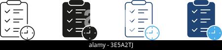Checklist With Clock Icon Set. Task Management, Time Tracking, And Productivity Enhancement Outline And Silhouette Symbol Collection. Efficient Stock Vector