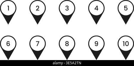 Black Numbered Location Pin Solid Icon Set. Sequential Map Marker Silhouette Symbol Collection. Navigation, Geolocation, And Wayfinding Design Stock Vector