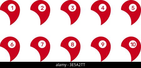 Numbered Location Pin Markers for Navigation and Mapping Icon Set. Geographic Position Indicators and Route Point Pins for Maps and Tracking Symbol Stock Vector