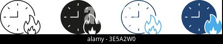 Clock With Fire Solid Icon Set. Time Management, Urgency, And Deadline Pressure Silhouette Symbol Collection. Productivity And Efficiency Concept Stock Vector