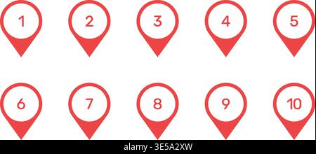 Numbered Location Pin Solid Icon Set. Sequential Navigation, Route Planning, And Geolocation Markers Silhouette Symbol Collection. Map Pointer With Stock Vector