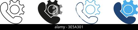 Phone With Gear Solid Icon Set. Customer Support, Technical Assistance, And Service Configuration Silhouette Symbol Collection. Communication And Stock Vector