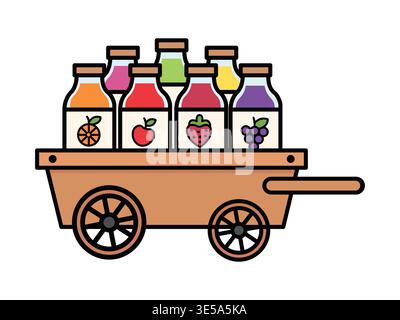 Wooden cart carrying organic fruit juice bottles with fruit labels vector illustration set Stock Vector
