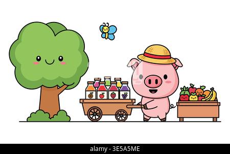 Pig mascot pushing wooden cart with fresh fruit juice bottles near green tree vector illustration Stock Vector