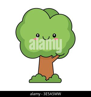 Tree mascot character with smiling face and green leaves vector illustration for nature design Stock Vector