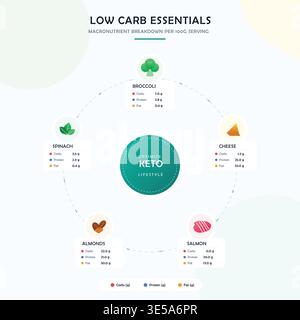 Low carb essentials macronutrient breakdown circular infographic diagram detailing food macros for a healthy keto lifestyle Stock Vector