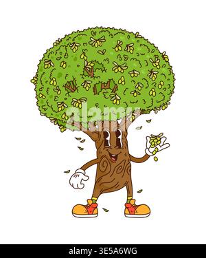 Cartoon funky groovy hippie green tree character Stock Vector