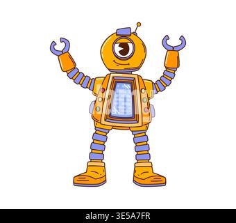 Cartoon groovy hippie robot cyclops character Stock Vector