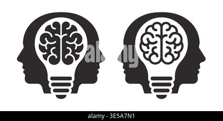 Human head with brain shaped light bulb icon in solid vector style. Representing intelligence, creative thinking, and innovative ideas. Stock Vector